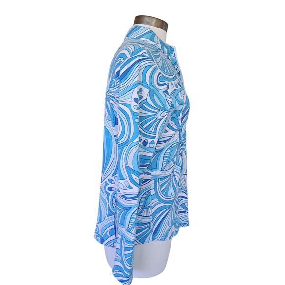 IBKUL IICKULS Turquoise Blue Swirl Long Sleeve Zip Mock SPF 50 Medium - Picture 3 of 7